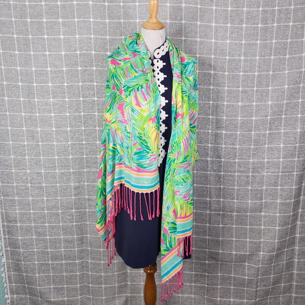 Lilly Pulitzer Multicolor Palm Print Fringed Wrap - Green, Pink, Blue